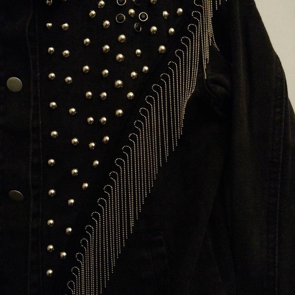 Denim Jacket Fully Studded Chain Fringe Mrs Easterling Black pockets Button down - Picture 5 of 16